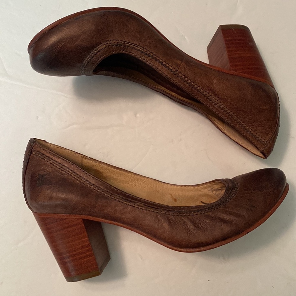 Frye Brown Leather Block Heel Pumps